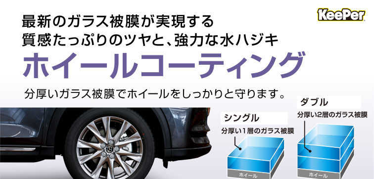 ホイールコーティングの宣伝画像。質感たっぷりのツヤと強力な水ハジキを紹介。